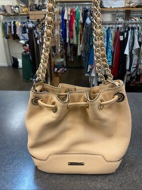 Rebecca Minkoff Tan Pebbled Leather Drawstring Bucket Bag with Gold Chain